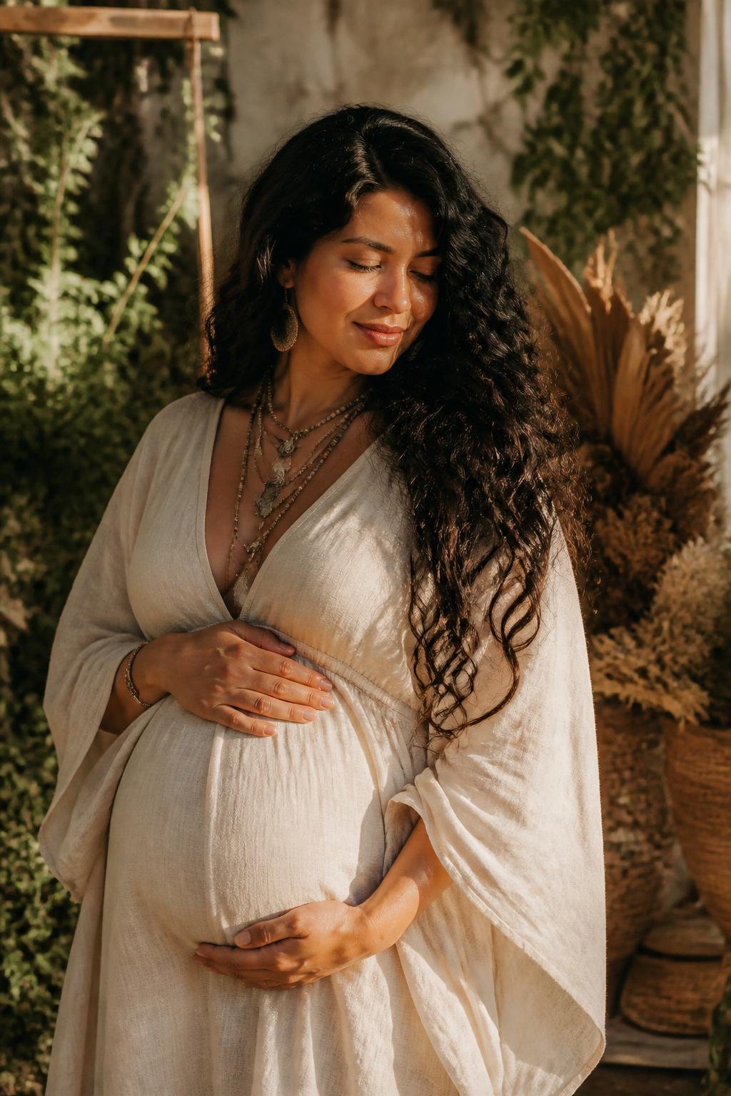 A pregnant Latina woman with curly hair in bohemian linen cradling her belly in warm sunlight
