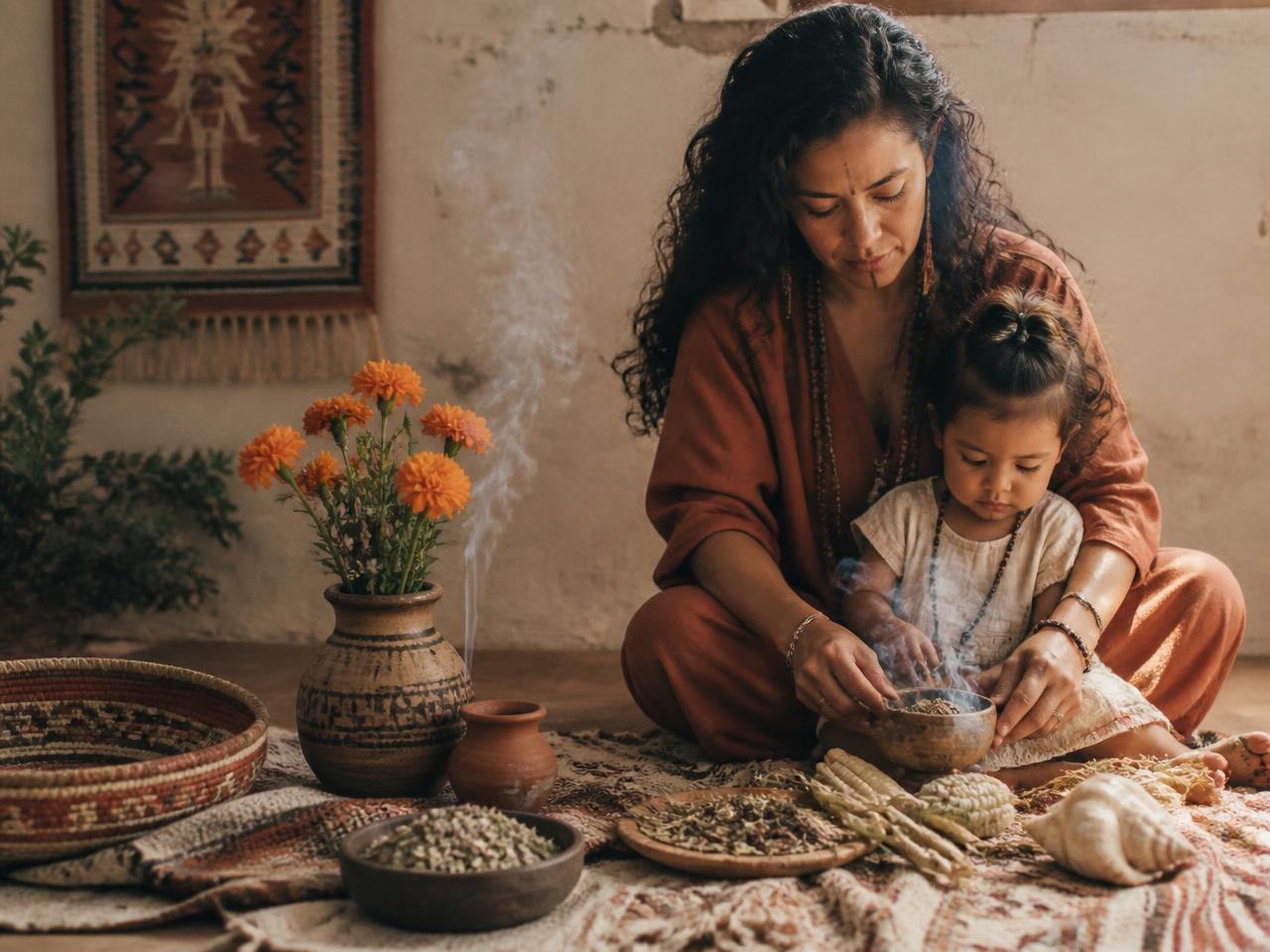 Mother sitting on the floor playing with wooden toys alongside her young child